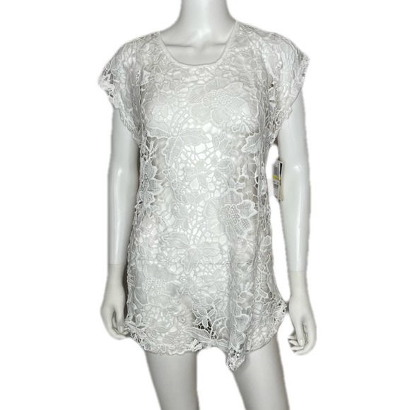 Miken Swim Women's White Floral Crocheted Sheer Tie-Back Swimsuit Coverup - Picture 2 of 4